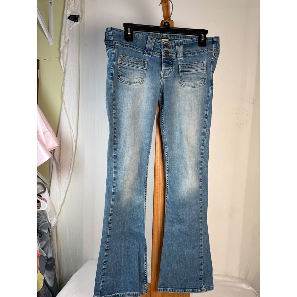 Y2K Flare Jeans Light Wash Front Patch Pockets Denim Pants Women